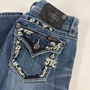 MISS ME Women Blue Jeans Size 27x30 Boot Cut Low Rise Flap Pockets Stitching